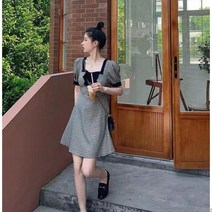 빅사이즈 프렌치 사각 퍼프소매 분위기 원피스 여름 한국판 배색 체크 서양풍 미디스커트