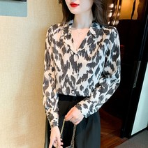 브이넥 프린트 긴팔 블라우스 프렌치 복고 정장 넥 호피프린트 셔츠