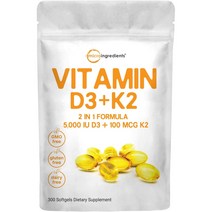 Micro Ingredients Vitamin D3 5000 IU Plus K2 １00 mcg 300 Soft-Gels | 2 in 1 Formula K2 MK-7 with D