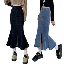 롱스커트 슬림 트임 프릴 데님 빅사이즈 랩 머메이드 데일리 치마