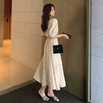당일배송 크림옐로우 엠보리플 등파임스트랩 백리스트임 미니 롱 원피스 휴양지 시밀러 트윈룩