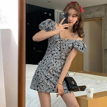 KORELAN 여름 데이지 V넥 잔꽃 원피스 여 봄 퍼프소매 A라인짧은 치마