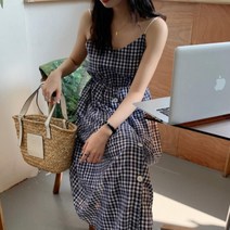 여자 여름 데일리 뒷리본 체크 민소매 나시 롱원피스