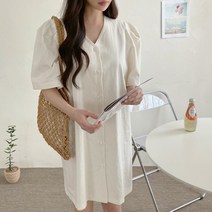 [바보사랑] 여자 봄 여름 데일리 브이넥 린넨 퍼프 원피스