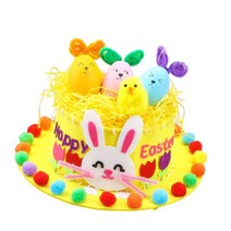 QDY 어린이 DIY 부활절 모자 세트 장식 공예품 유치원을위한 나만의 부활절 보닛 게임 용품 만들기, 직경 24.5cm, 부직포, 노란색