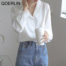 QOERLIN 화이트 블라우스 여성 퍼프 슬리브 싱글 브레스트 셔츠 턴 다운 사무복