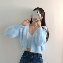 요시아나 [당일발송] 보들보들 깃털 퍼 크롭 가디건 나시탑 세트 -2컬러