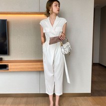 여름 화이트 반팔 정장 허리벨트 9부 점프수트