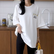 러브포텐 여성 오버핏 플라워 반팔티 (44~99) 빅사이즈 7부소매 박스 롱티셔츠 탄탄한 코튼면 박스티 루즈핏 반팔 티셔츠 사계절 이너티