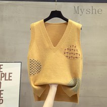 [Myshe]봄 가을 여성 니트조끼 브이넥 루즈핏 민소매 조끼 Shefei106MJ2
