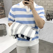 용된다 남자 스트라이프 줄무늬 단가라 카라 반팔 티셔츠