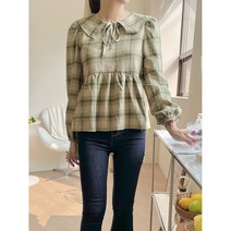 웬디 체크무늬 리본끈 카라넥 셔링 체크 블라우스 레트로룩 복고풍