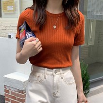 여름 기본 기질 슬림핏 상의 여순색 반팔 니트 티셔츠