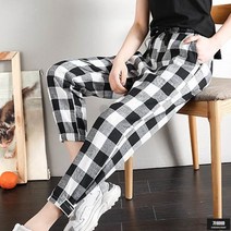 가바바 여성 바지 발목 슬림 체크 무늬 린넨 바지 G49142
