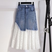 여름 여성 롱스커트 플레어 러블리 레이스 데님치마 언빌 사선 A라인 청 스커트 빅사이즈 B77