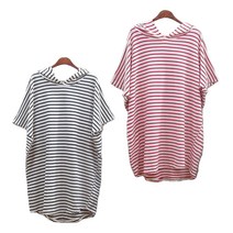 리더스타 여성티셔츠 여성반팔티 불랙+핑크 2장 여성티 스트라이프 오버핏 후드티 반팔 티셔츠