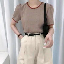 KORELAN 레트로 캐주얼 핀 스트라이 티셔츠 여성 새로운 스타일 백 레이스 업 얇은 반팔 탑