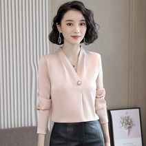 와이셔츠 여성 봄가을 긴 소매 브이넥 누에실 스타일리쉬 핏아우터 링클프리 새틴 실크 2569652761