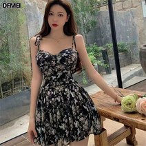 DFMEI 바람나시 원피스 여 여름 플라워 스트랩 조임 날씬해 보이는 빈티지 프린트 스커트
