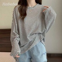 나바바 NT367 여성 캐주얼 스트라이프 얇은 긴팔 티셔츠