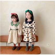 여아 유아 봄 둥근 카라 배색 플라워 도트 셔링 퍼프 원피스 나들이 외출복 자매룩