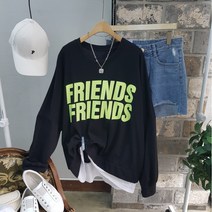 상상그이상 여성용 국내제작 간절기 프렌즈 레이어드 맨투맨 발포 레터링 빅사이즈 오버핏 롱티셔츠