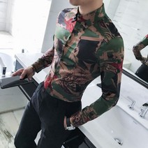 그린 레드 남자 건달 셔츠 조폭 깡패 레트로 옷 화려한 꽃무늬 남방 양아치 남성 긴팔 셔츠