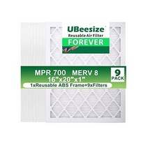 UBeesize 재사용 가능 공기 필터 16x20x1(9팩) MERV 8 MPR 700 AC/HVAC 용광로 공기 필터 깊은 주름 공기 청정기 재사용 가능한 플라스틱 프레임, 16x20x1, 1 frame + 9 Filters MERV8