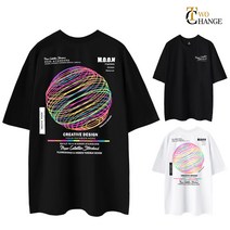 투체인지 5부 오버핏 네온써클 빅사이즈 M~5XL 남자 여자 라운드 남녀공용 반팔 티셔츠