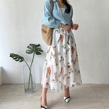 네모엔룩 쉬폰나염롱 허리밴딩(허리끈 포함) 스커트