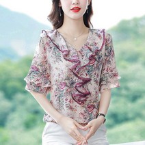 엔티랄라 셔츠 블라우스 여름 반팔 어려보여요 여성 상의 여성 패셔너블 플라워 티셔츠 엄선된 실크 원단 매끄럽고 피부 친화적