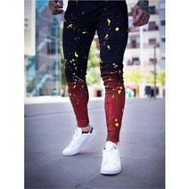 2022 레드 블랙 그라데이션 프린트 스키니 진 남성용 페인트 스트레치 슬림 디스트레스 플리츠 무릎 패치 팬츠 브랜드 캐주얼