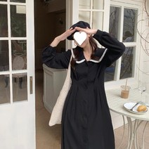 복고풍 봄 팔뚝커버 벌룬 루즈핏 퍼프소매 롱원피스 블랙 드레스