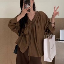 [#자체제작]폴링 브이넥 셔링 블라우스