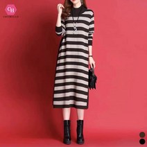 시크힐즈 반하이넥 스트라이프 패턴 니트 롱 원피스 00289