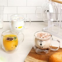 1+1 이중 내열 손잡이 유리컵 동물캐릭터 곰돌이 고양이 오리, (1+1)Daze cat+Bear