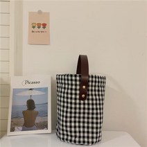 체크 무늬 작은 신선한 버킷 가방 조커 아트 면화 린넨 핸드백 한국어 버전ins학생 캔버스 도시락 가방