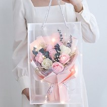 [ 아르띠콜로 led 비누 꽃다발+투명 쇼핑백 ] 특별한 선물 핑크 조화 여자친구 꽃 기념일 생일 졸업 발렌타인, acl 핑크