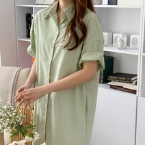 오슈 여성 베이직 모던 루즈핏 카라 셔츠 반팔 롱원피스