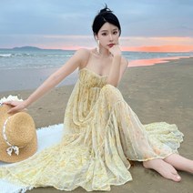 설온 여성 플라워 패턴 레이스 끈 나시 롱 원피스 엘레나