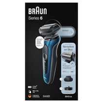 Braun 시리즈 6 6040cs 전기 면도기 충전 스탠드 포함 정밀 트리머 습식 및 건식 충전식 무선 포일 면도기 블루, 6040cs Shaver w/ Charging Stan
