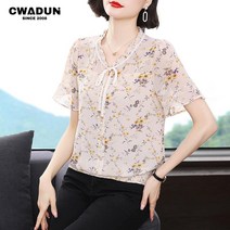 Cwadun 여성 봄 여름 리본 반팔 블라우스 티셔츠