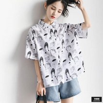 가바바 여성 블라우스 귀요미 얼굴캐릭터 프린팅 반팔 블라우스 G45897