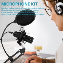 마이크스탠드 유튜브 방송용마이크거치대 usb 스트리밍 팟캐스트 pc 전문 스튜디오 cardioid 콘덴서 키트 사운드 카드 붐 암 쇼크 마운트 필터, 검은색, Black