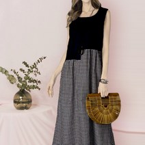 [루디아] 여성 나시 린넨 면 고방체크 롱 원피스