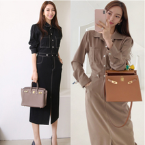 줄리엣이뽀 셔츠 롱 원피스~!! 허리 밴딩과 앞트임으로 활동성이 편리한 오피스 여성 롱 원피스!! 고퀄리티 명품 스타일 롱 원피스 추천 KJ-306