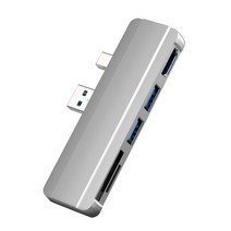 식스센이 서피스프로 Surface Pro 4 5 6 멀티포트 USB3.0 확장어댑터 랜포트 HDMI 5 In 1 USB 허브 어댑터 TF 카드 판독기, 실버