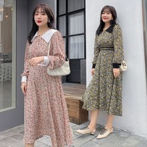 여성 빅사이즈 플라워 무늬 긴소매 통통체형커버 롱 드레스 원피스