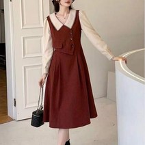 빅카라 원피스 투피스 피터팬 프레피룩 스타일 귀여운 드레스 여성 캐주얼 긴팔 라인 미디
