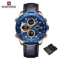 덕지널 NAVIFORCE 캐주얼 가죽 남성 시계 스포츠 3ATM 방수 LCD 디스플레이 쿨 다이얼